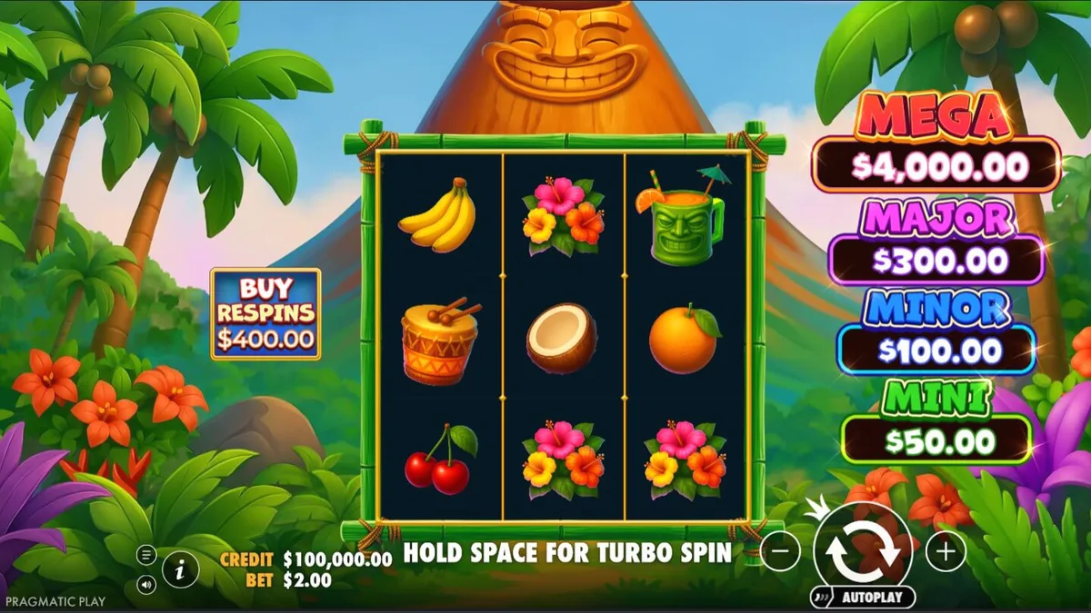 Super Tiki Strike slot machine interface featuring tropical tiki theme