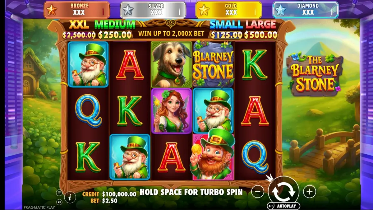 Cenário mágico e colorido do slot The Blarney Stone com elementos da cultura irlandesa