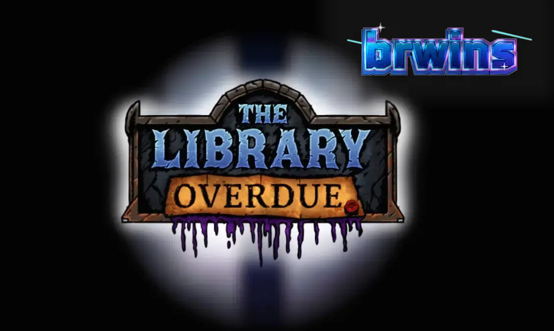 Cena atmosférica do jogo The Library Overdue com elementos góticos e rolos de caça-níqueis.